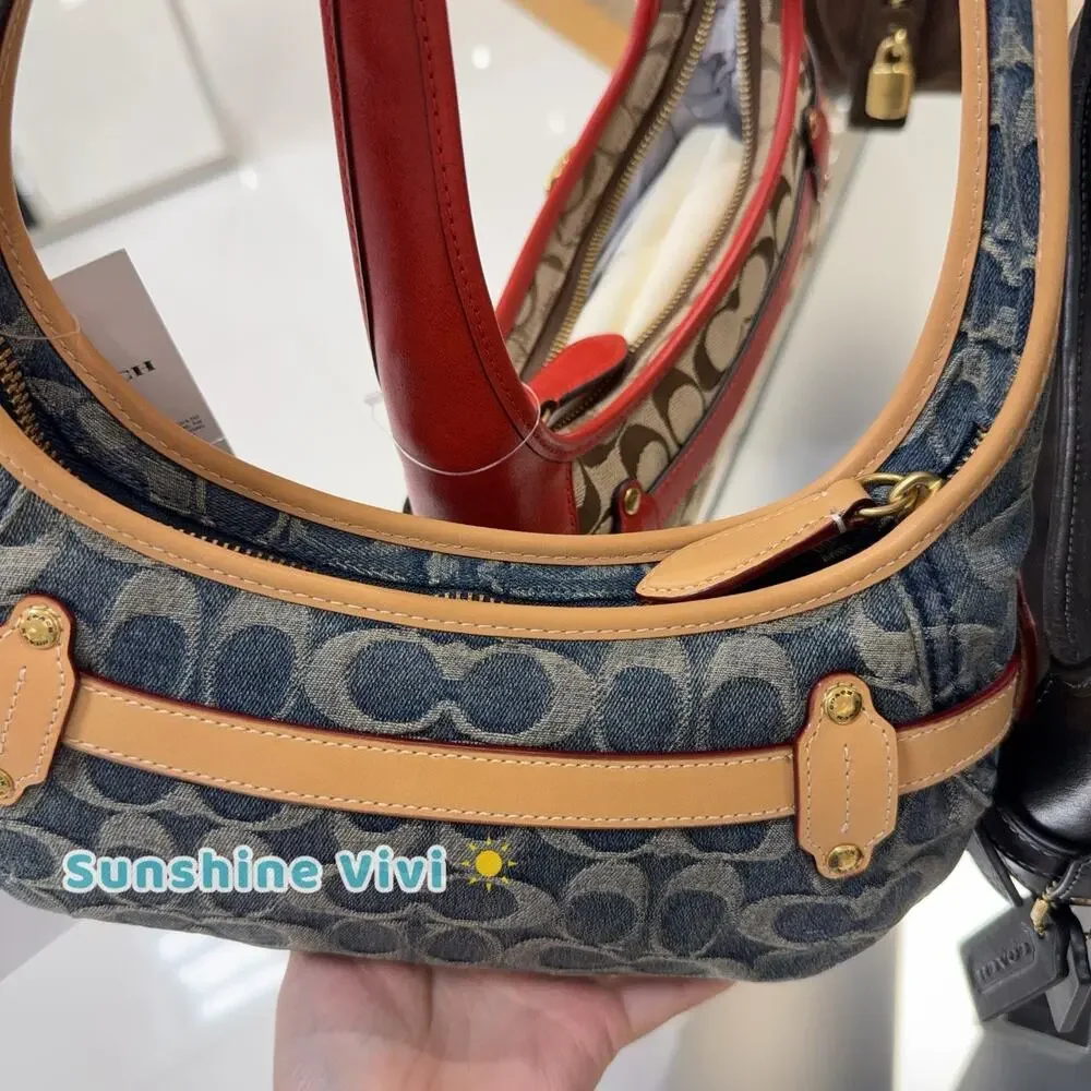NWT Coach Belted Ergo Shoulder Bag 26 Signature Regenerative Cotton Denim CEN94